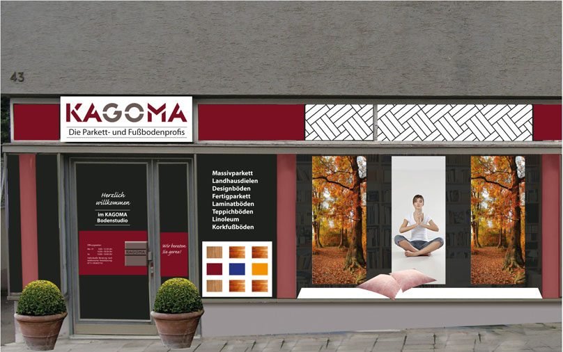 Schaufenster und Eingang des KAGOMA Bodenstudios in Stuttgart-Vaihingen